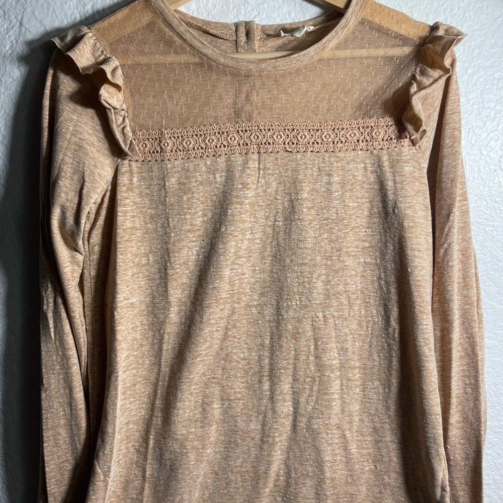 Hem & Thread Women's Peach Long Sleeve Top with Lace Detail Ruffled Shoulders